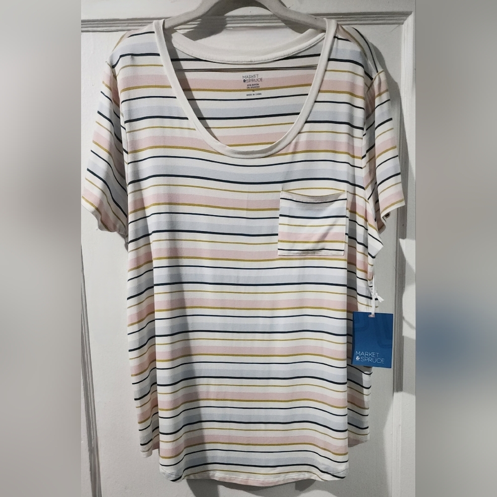 🌸Market & Spruce White Striped Scoop Neck Tee - Pink & Navy Stripe🌸size:XL